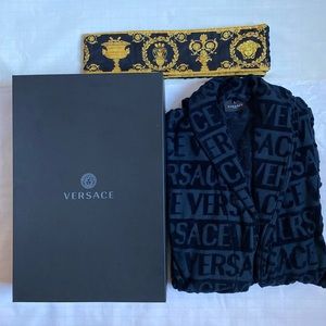 Versace Logo Toweling Baroque Bathrobe Navy